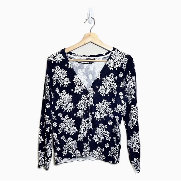 Tommy Hilfiger Blue and White Long Sleeve Floral Sweater Cardigan - Picture 1 of 7